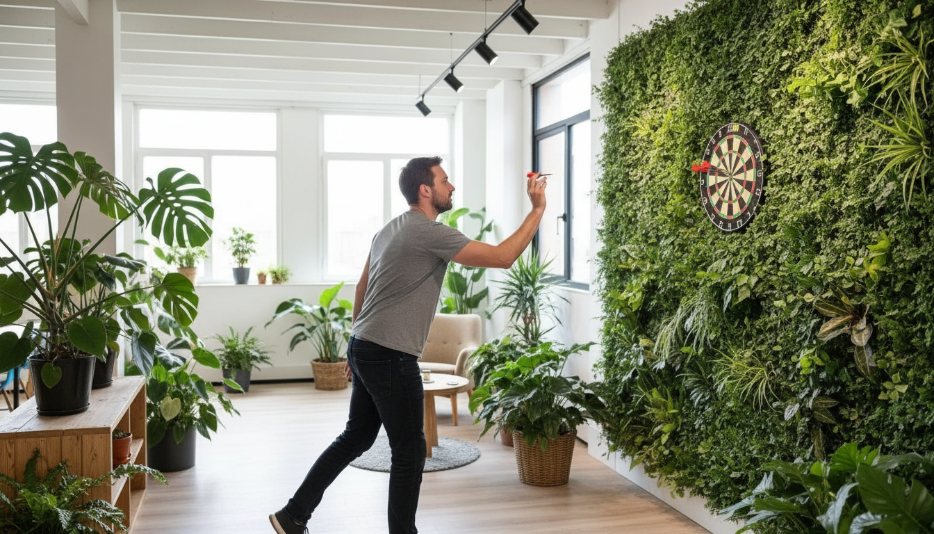 Illustratieve afbeelding van een man die een dartpijl gooit